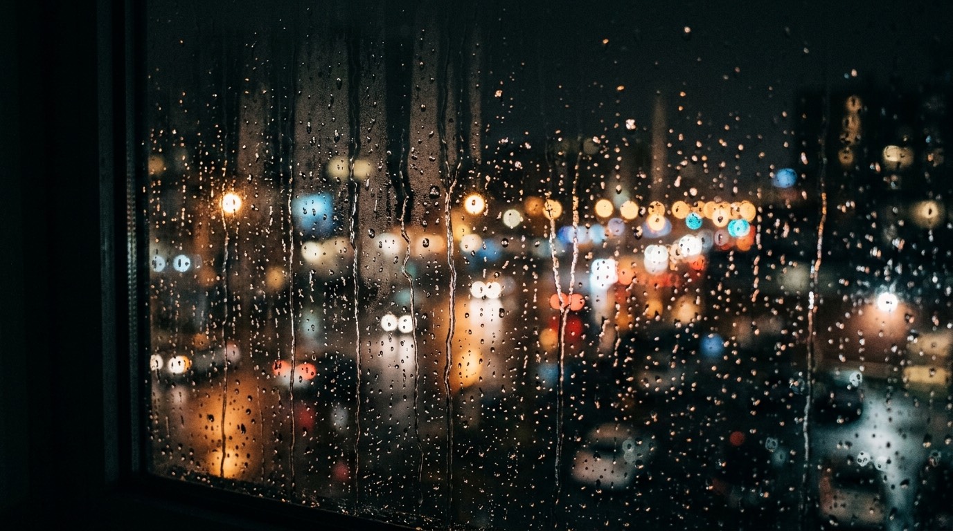 Rain on a window at night